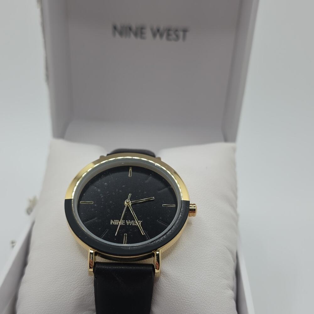 Nine West Women’s Quartz Watch Black Dial Gold-Tone Case Leather Strap Box